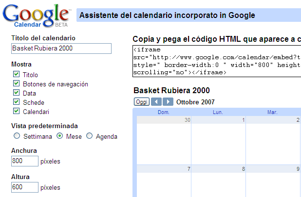 Calendar configurazione