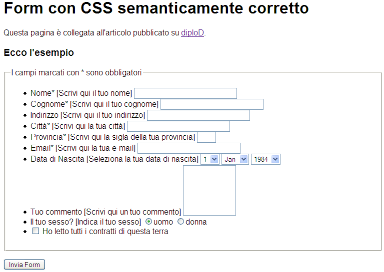 Form senza CSS e javascript